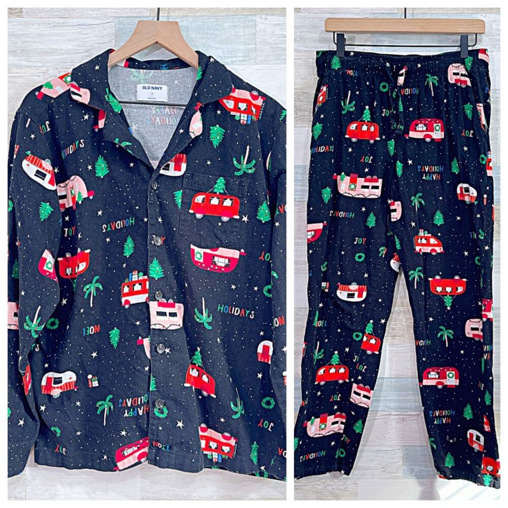 Old Navy Christmas Family Flannel 2Pc Pajamas Black Tree Camper Van Mens Medium